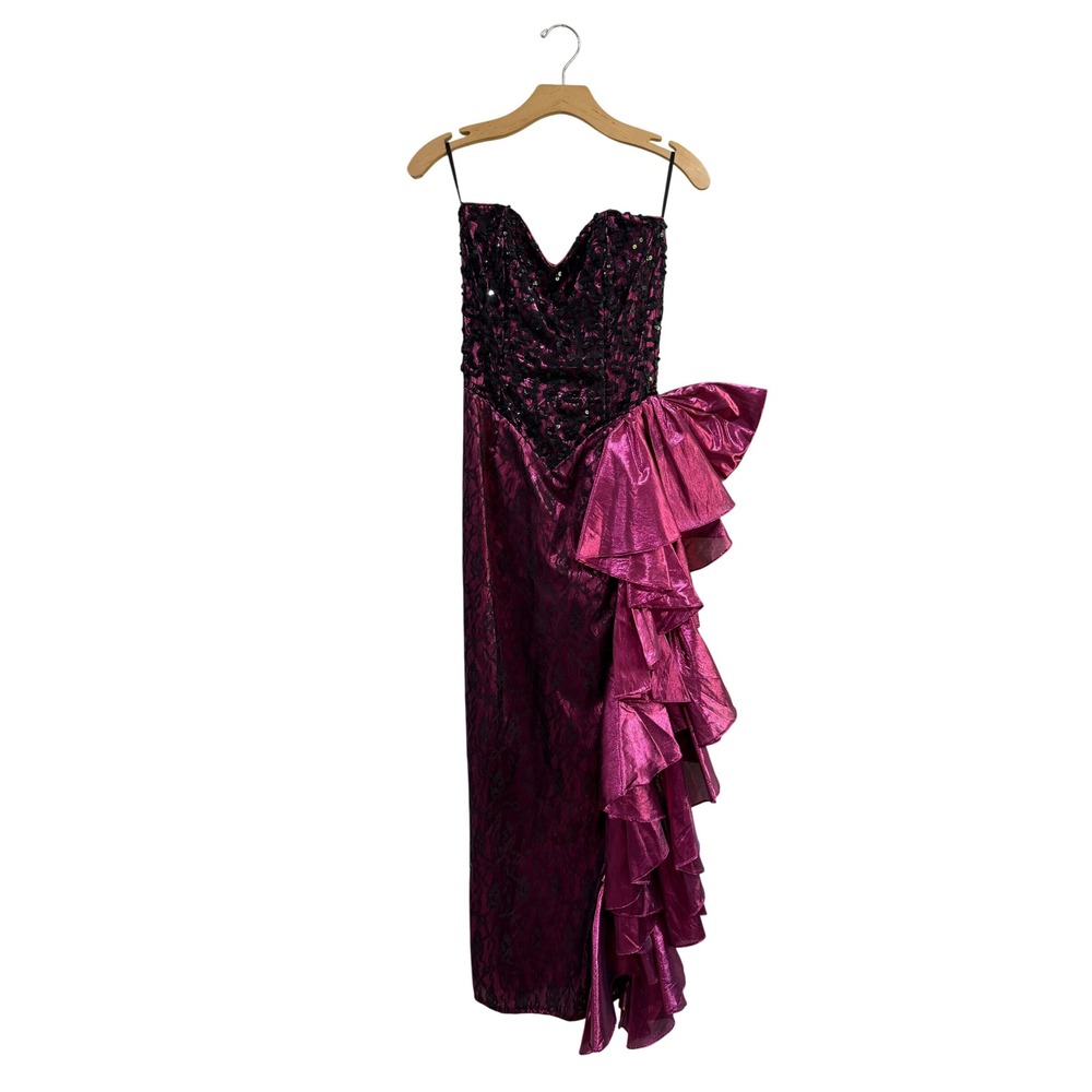 Vintage Jessica McClintock Metallic Magenta Black Lace Sequin Ruffle Gown 5/6